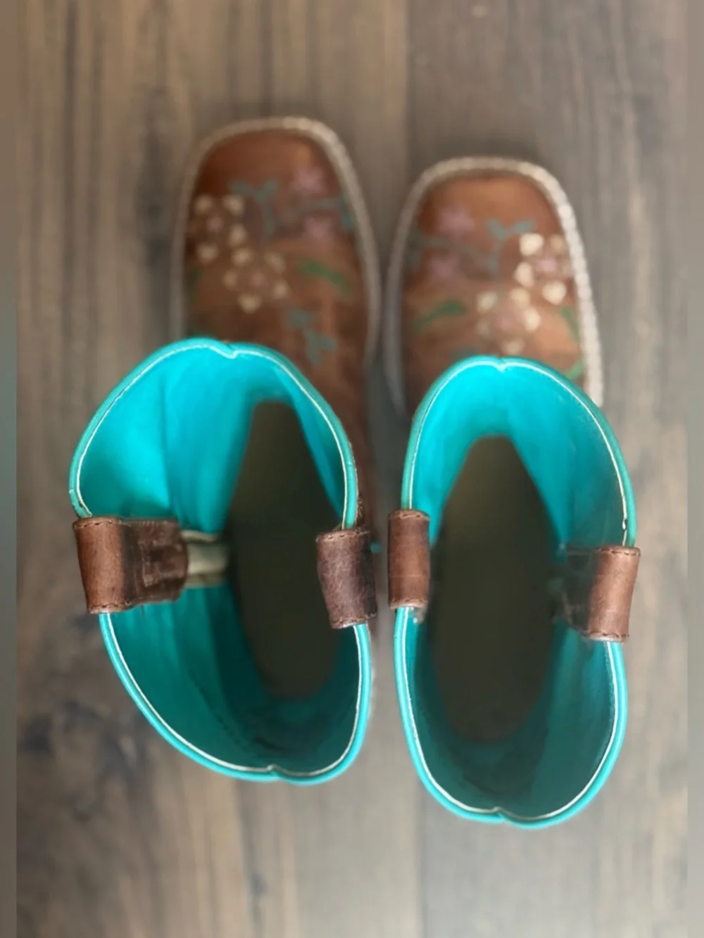 Smokey Mountain Girls Boots Brown/Turquoise Lining and Floral Embroidery Sz 13.5